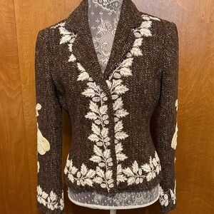 Chic Brown Women's Blazer with Cream Embroidery